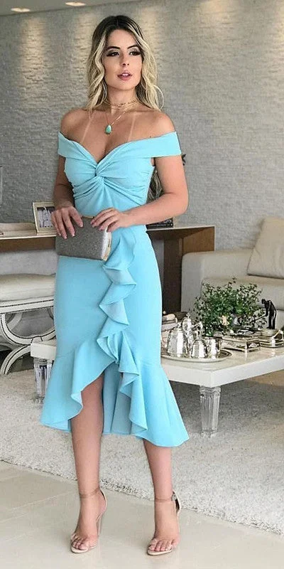 Women's Athletic Outfit Cute Party Gown Prom Dresses Off The Shoulder Blue DRess S3658