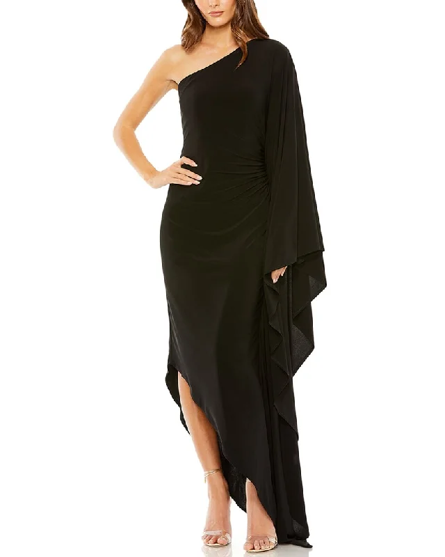 Women's Occasion Wear Apparel Mac Duggal One-Shoulder Ruched Detail Jersey Cape Sleeve Gown