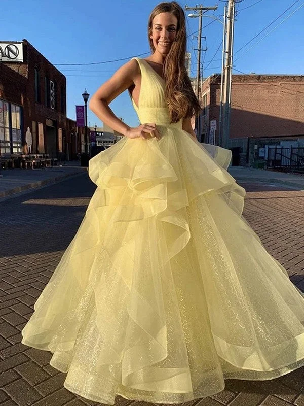 Stylish And Comfortable Clothing For Women Ball Gown Floor-Length V-neck Ruffles Sleeveless Tulle Dresses