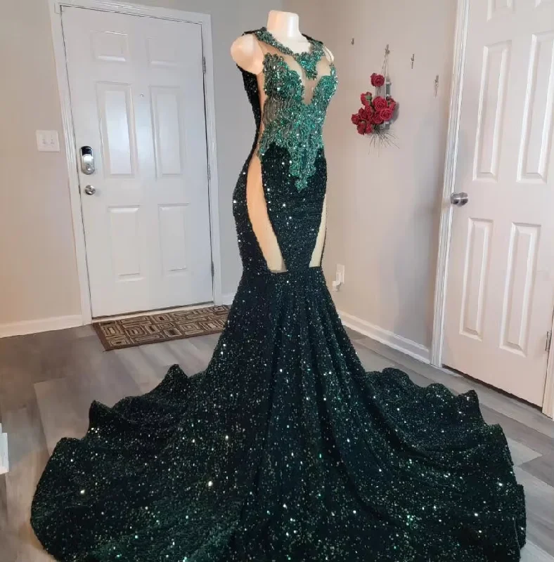 Women's Floral Print Outfit Emerald Green Sparkly Long Mermaid Prom Ceremony Formal Dresses For Black Girl Luxury Diamond Evening Birthday Gala Gown