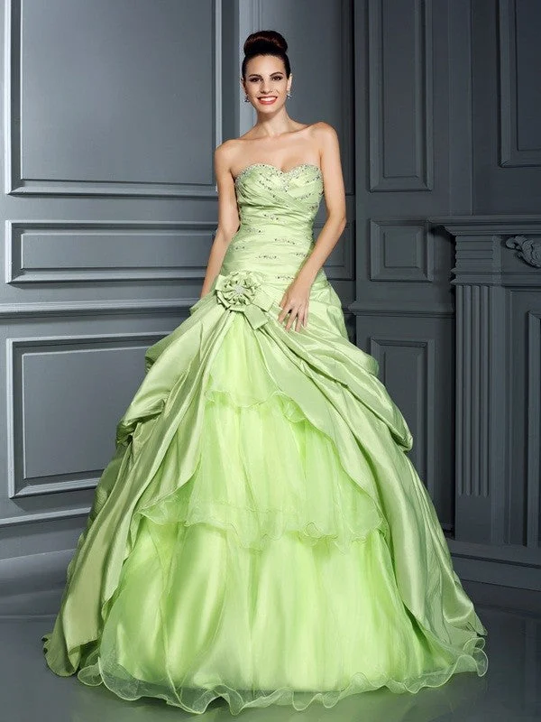 Clothes Of Woman Ball Gown Sweetheart Hand-Made Flower Sleeveless Long Taffeta Quinceanera Dresses