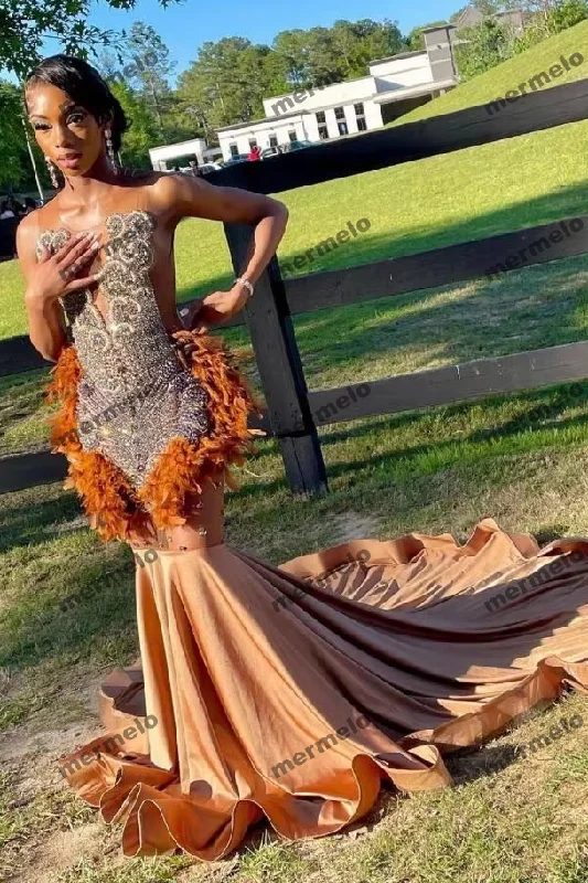 Chic Women's Outfit Ideas Brown Ostrich Feathered Short Prom Dress for Black Girl Luxury Diamond Crystal African Birthday Homecoming Gown