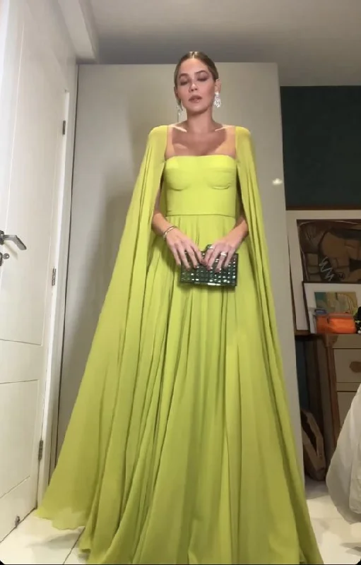 Sophisticated Women's Fashion A-Line Evening Gown Elegant Cape Green Dress Formal Fall Floor Length Square Neck Chiffon with Pleats     S4957