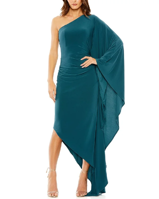 Women's Resort Apparel Mac Duggal One-Shoulder Ruched Detail Jersey Cape Sleeve Gown