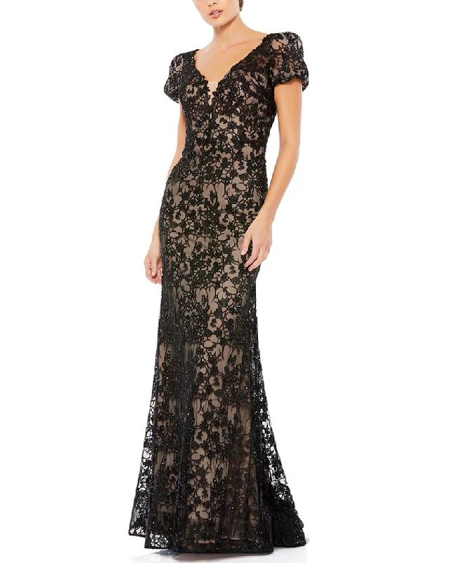 Women's Everyday Apparel Mac Duggal Lace Plunge Neck Short Puff Sleeve Trumpet Gown