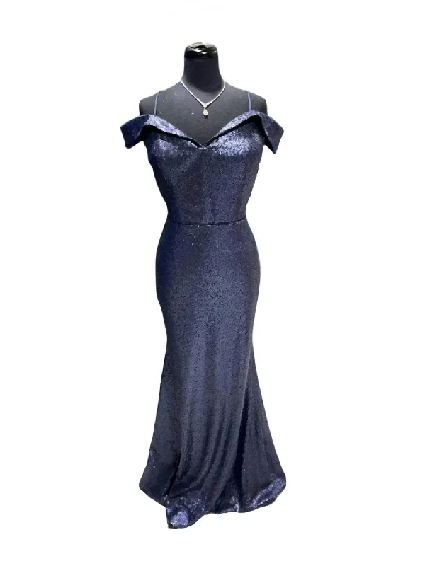 Women's Chic Apparel Women's Off Shoulder Sequin Gown In Navy Matte