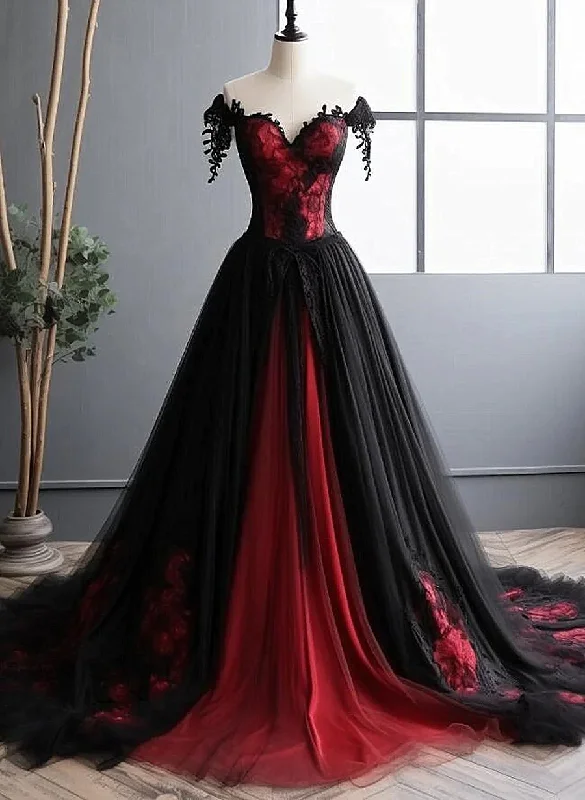 Trendy Women's Apparel for All Seasons Elegant Black And Red Tulle With Lace Off Shoulder Gown, Black And Red Prom Dress      S5194