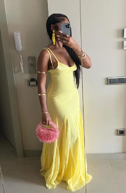 Women's Versatile Apparel Spaghetti Straps Yellow Long Prom Dress Long Evening Gown        S6020