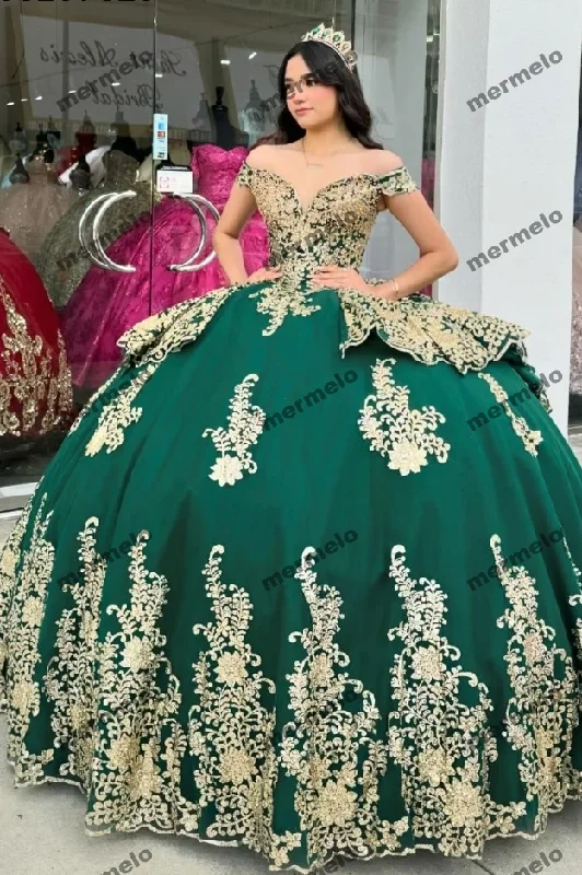 Comfortable Outfit For Women Dark Green Quinceanera Dress Ball Gown Gold Lace Applique Beading Mexican Corset Sweet 16