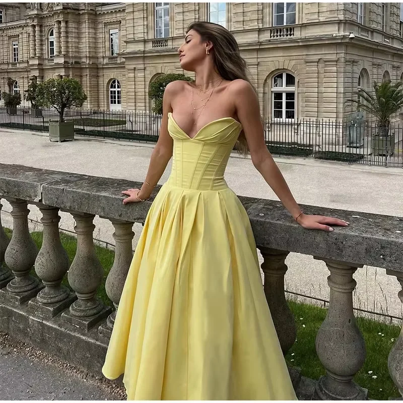 Casual Dresses for Women Chic Sleeveless Backless High Waist A-line Gown Lady Fashion Party Robe Elegant Yellow Women's Strapless Pleated Long Dress