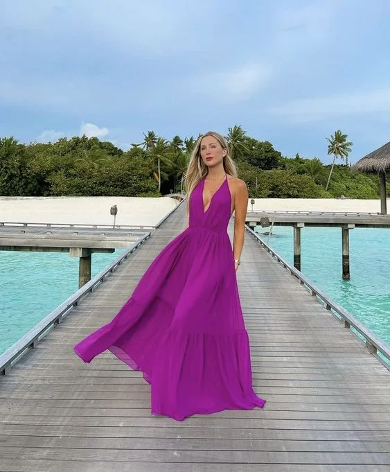 Women Clothing Backless Purple Long Party Gown Evening Dress       S5283