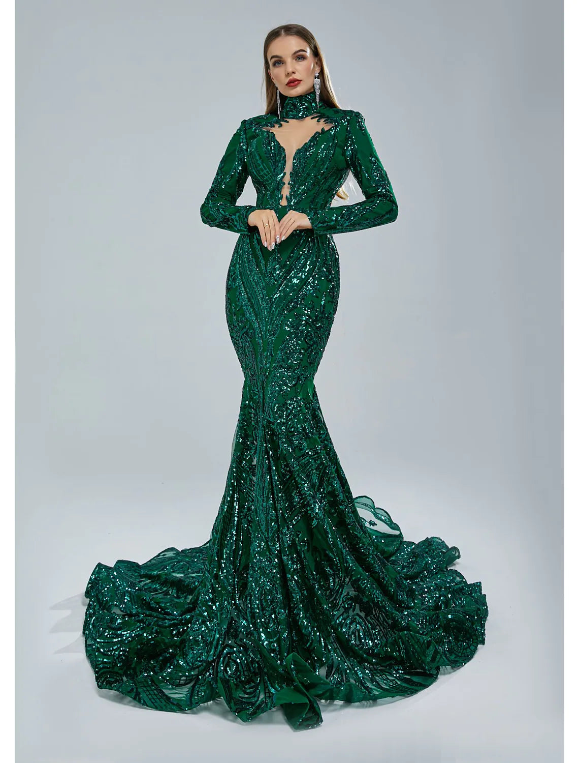 Women's Work Outfit Mermaid / Trumpet Evening Gown Elegant Dress Engagement Court Train Long Sleeve Stand Collar Lace with Sequin