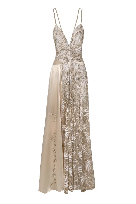 Women's Attire 1930s Gold Lace and Ivory Silk Gown