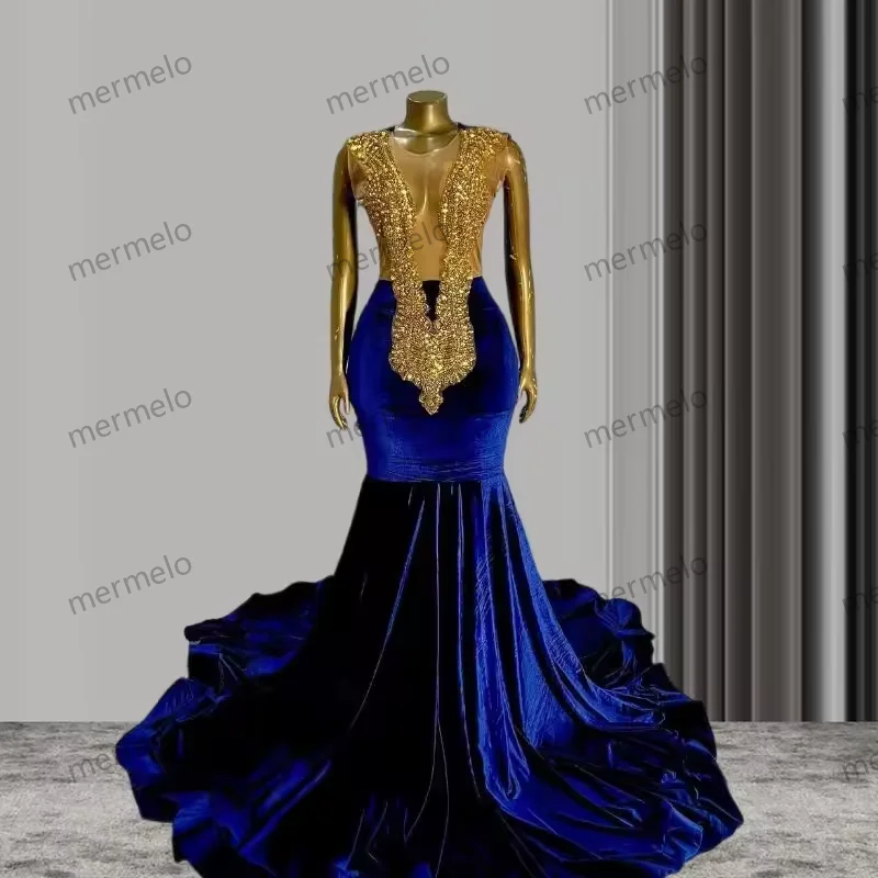 Trendy Women's Dresses Online Blue Velvet African Prom Dress for Black Girl Crystal Diamond Sheer Mesh Mermaid Evening Gala Queen Gowns