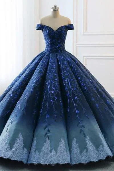 Sustainable Women's Apparel Ball Gown Navy Blue Lace Applique Ombre Off the Shoulder Princess Quinceanera Dresse