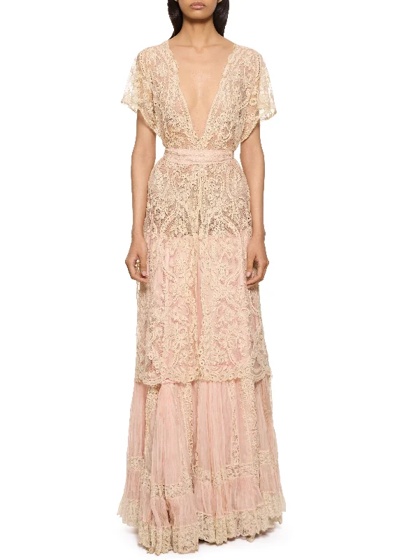 Women's Travel Attire 1920s Cream and Blush Intricate Lace Gown