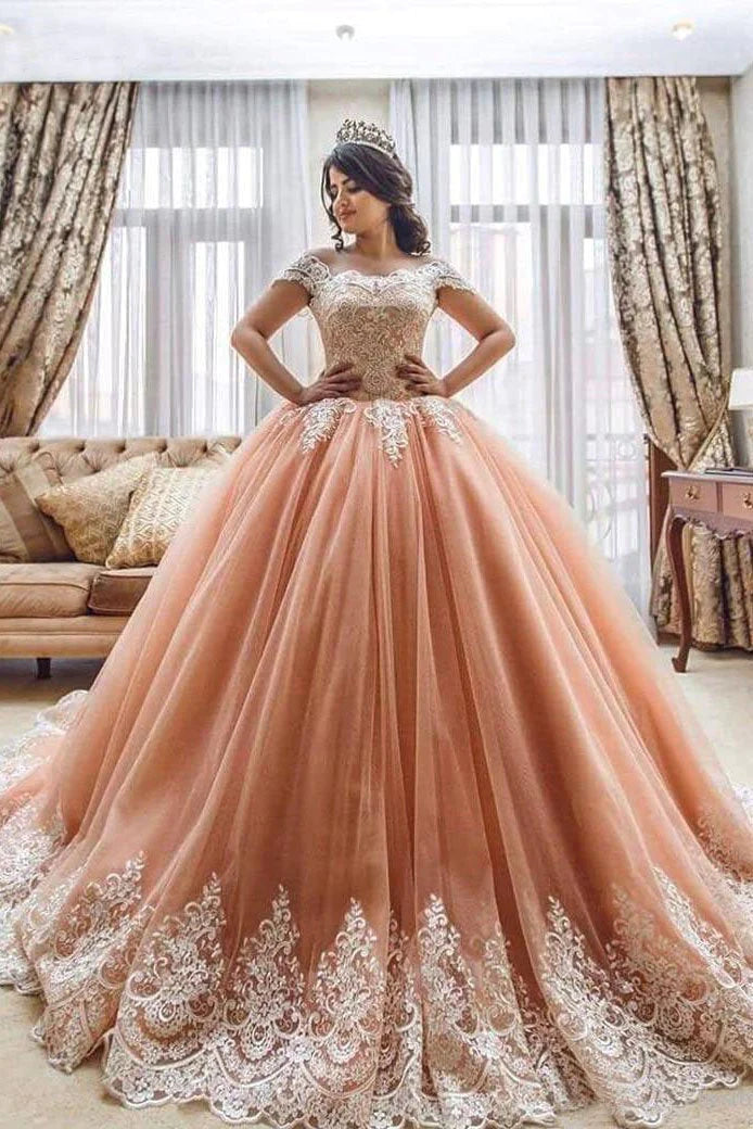 Women's Vacation Clothes Off the Shoulder Ball Gowns Prom Dresses Lace Appliques Tulle Pink Quinceanera Dresses