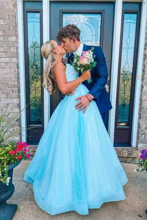 Luxury Women's Clothing Stunning Sky Blue Sparkly Long Prom Dresses, Spaghetti Straps A-line Sequins Formal Gown      S3778