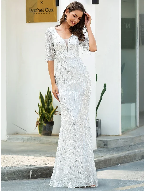 Stylish Women's Outfit Sheath / Column Evening Gown Glittering Dress Engagement Floor Length Half Sleeve V Neck Polyester with Sequin Tassel