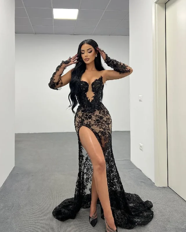 Women's Clothing for Every Occasion Classic Black Lace Evening Dresses with Detachable Sleeves Sexy Slit Appliques Mermaid Formal Gown 2024 Prom Party Dress Custom