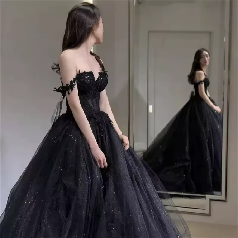 Contemporary Women's Clothing Black Sexy Prom Dress Sweetheart Off the Shoulder A-Line Tulle Lace Applique Backless Evening Gowns for Women Customized