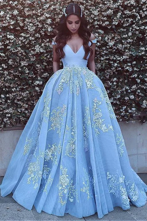 Women's High-Fashion Apparel Wonderful Off-the-shoulder Ball Gown Formal Blue Lace Appliques Long Quinceanera Dresses