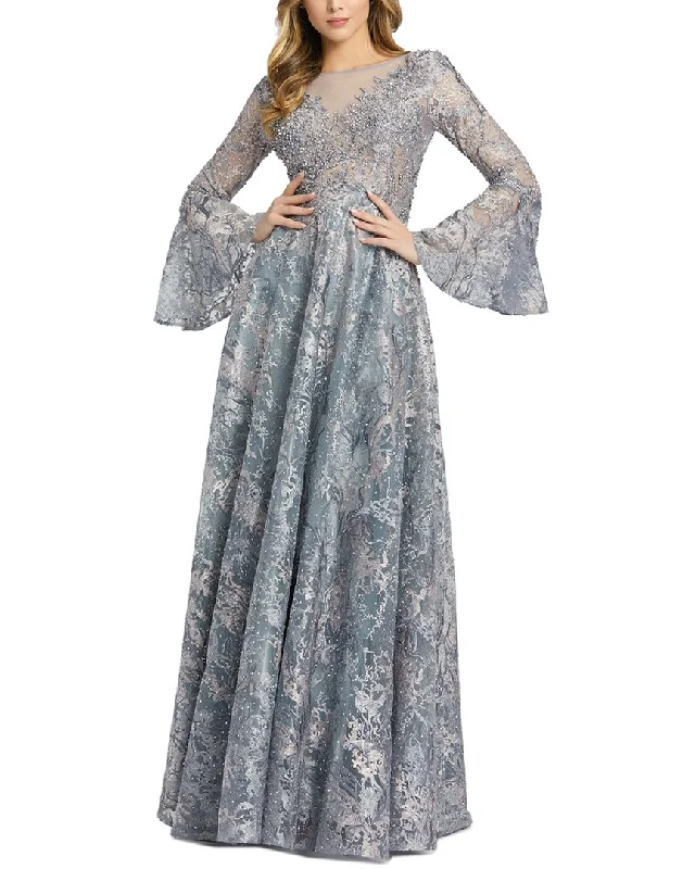 Charming Women's Holiday Apparel Mac Duggal Embellished Illusion Bell Sleeve A-Line Gown