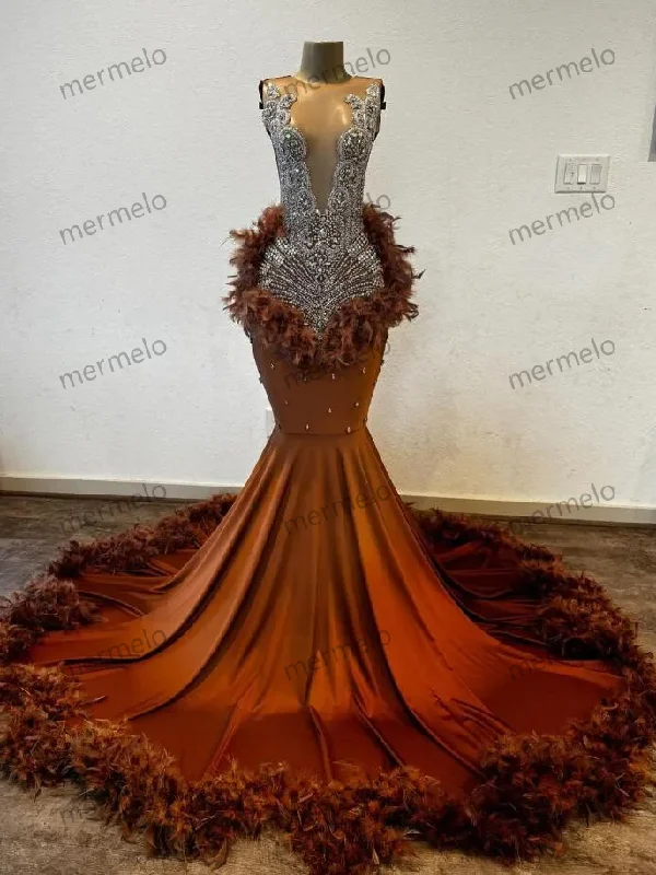 Workwear Fashion for Women Brown Long Mermaid Prom Dresses for Black Girl Sparkly Luxury Diamond Crystal Feather African Evening Birthday Gala Gown