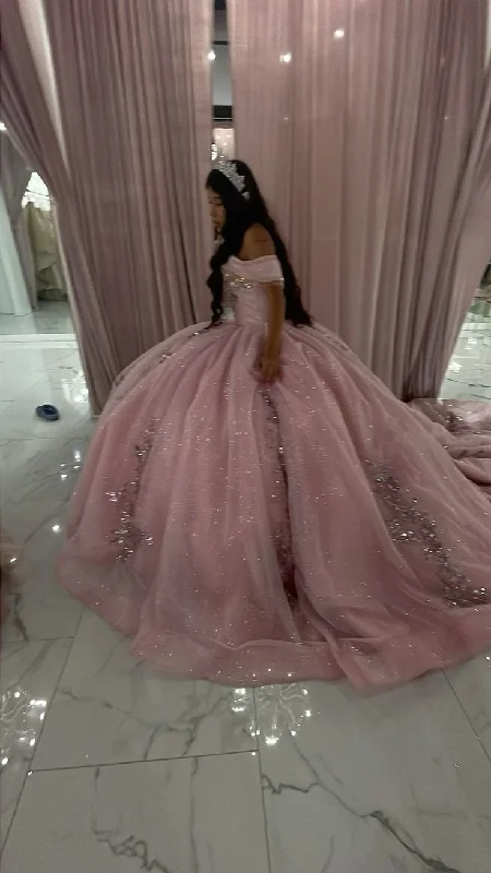 Women's Cozy Clothes Pink Elegant Tulle Off Shoulder Ball Gown Quinceanera Dress       S5929