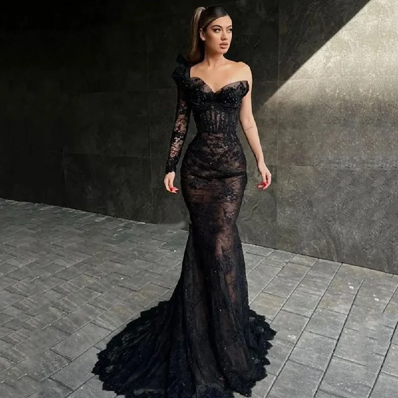 Women's Outfit For The Office Elegant Long Black Mermaid Prom Dress One Sleeve Sweetheart Lace Evening Gowns Party Graduation Dresses Vestido De Noche