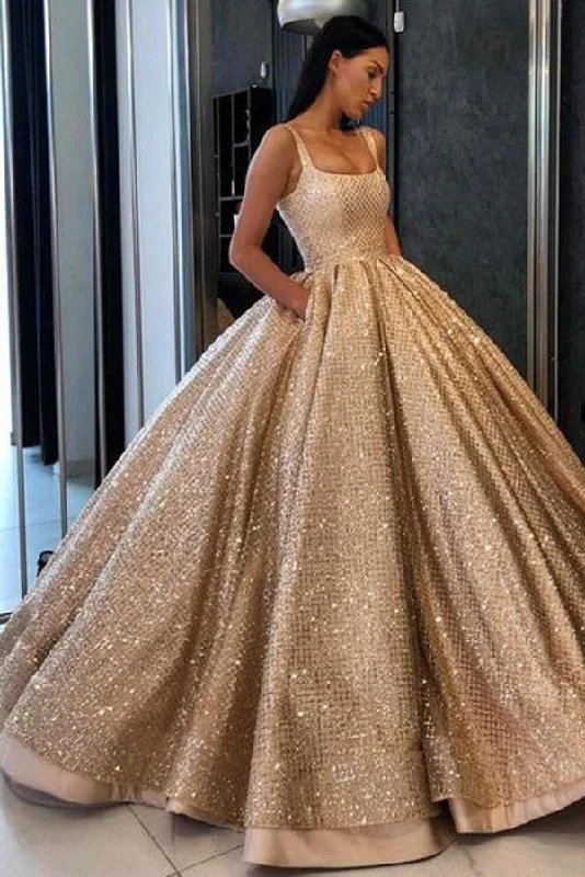 Women's Clothes Ball Gown Prom Dress with Pockets Beads Sequins Floor-Length Gold Quinceanera Dresses