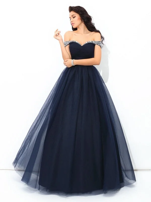 Online Impressions Boutique Ball Gown Off-the-Shoulder Beading Sleeveless Long Net Quinceanera Dresses