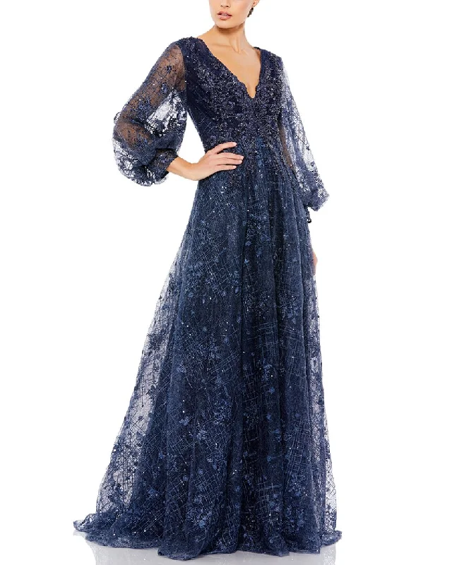 Affordable Luxury Women's Apparel Mac Duggal Embellished Plunge Neck Puff Sleeve A-Line Gown