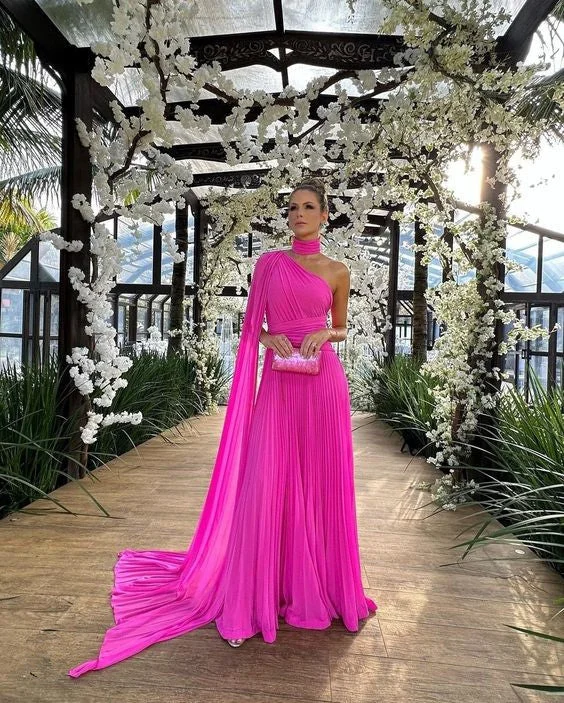 Fashionable Tops for Women A-Line Evening Gown Elegant Dress Formal Sweep / Brush Train Sleeveless One Shoulder Chiffon with Pleats Ruched     S4952