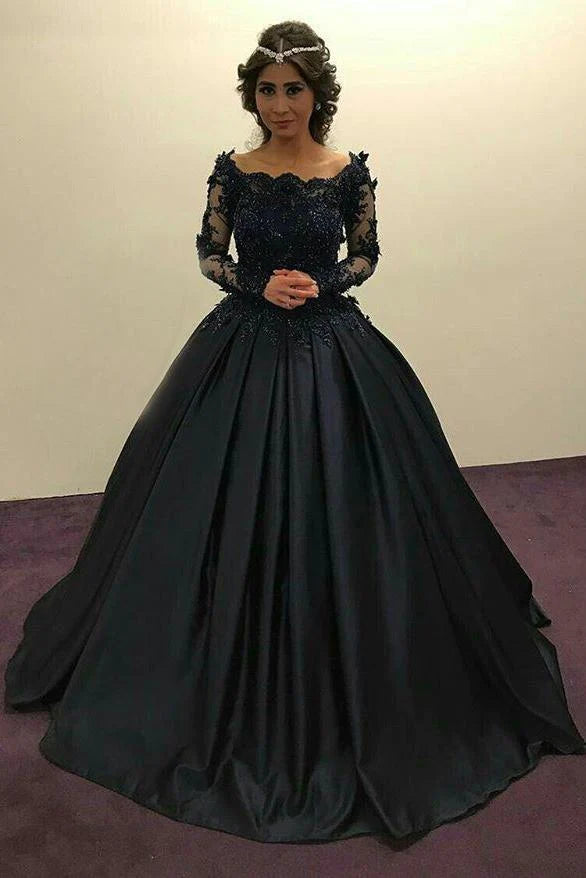 Chic Clothes For Women Ball Gown Long Sleeves Navy Blue With Lace Prom Dress Quinceanera Dresses