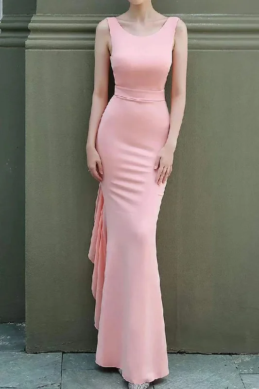 Minimalist Women's Fashion Clothing Elegant Sleeveless Mermaid Prom Gown with Ruffles, Cheap Backless Long Evening Gown      S5144