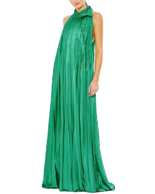 Women's Trendy Activewear Apparel Mac Duggal Pleated Trapeze Halter Neck Gown