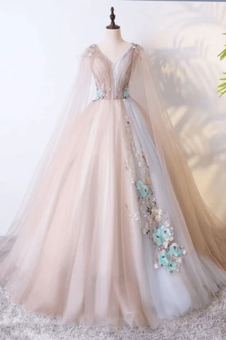 Women's Evening Clothes Ball Gown V Neck Tulle Prom Dress With Appliques, Unique Floor Length Quinceanera Dresses