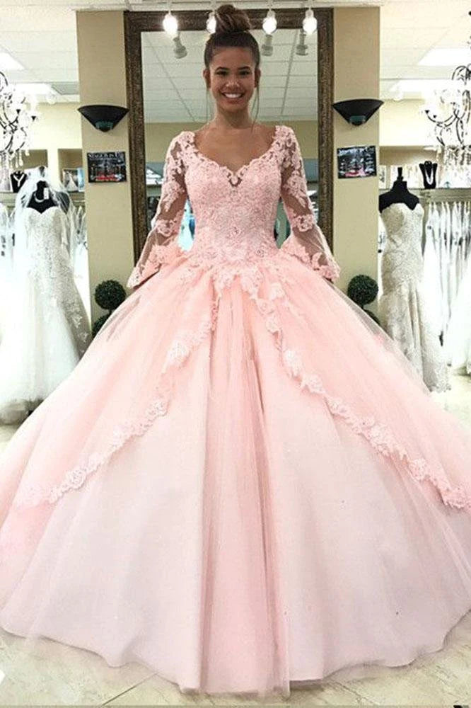 Women's Transitional Clothes Ball Gown Pink V Neck Long Sleeve Appliques Prom Dresses with Lace up Quinceanera Dresses