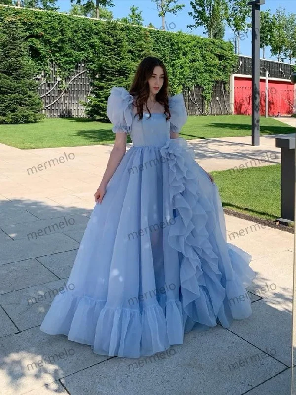 Women's Evening Wear Blue Prom Dresses Short Puff Sleeves Ruffles Prom Party Gowns Princess Formal Dresses