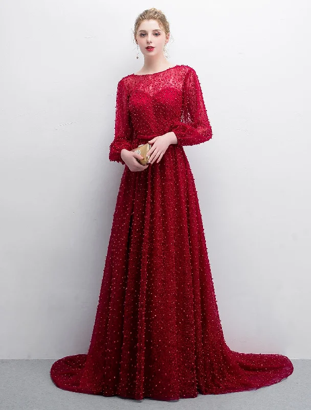 Vintage Women's Fashion A-Line Evening Gown Elegant & Luxurious Dress Formal Evening Sweep / Brush Train Long Sleeve Boat Neck Lace with Sash / Ribbon Split Front