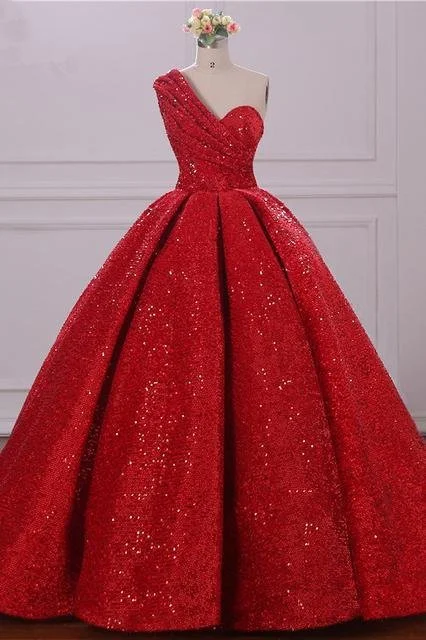 Women's Functional Apparel For Outdoor Activities Ball Gown One Shoulder Sequins Red Sweetheart Prom Dresses Quinceanera Dresses