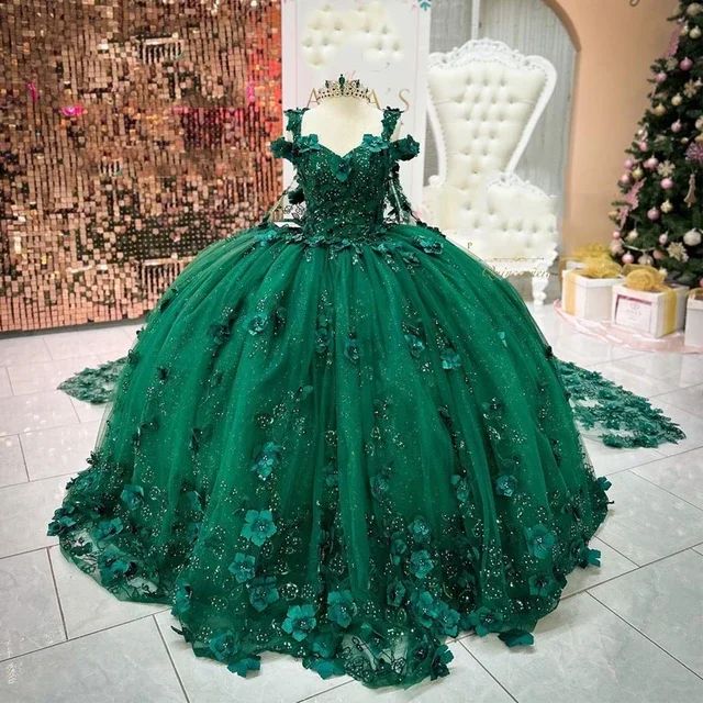 Women's Trendy Outfit Emerald Green Beading Quinceanera Dresses 3D Applique Flower Mexican Corset Graduation Gown        S3705