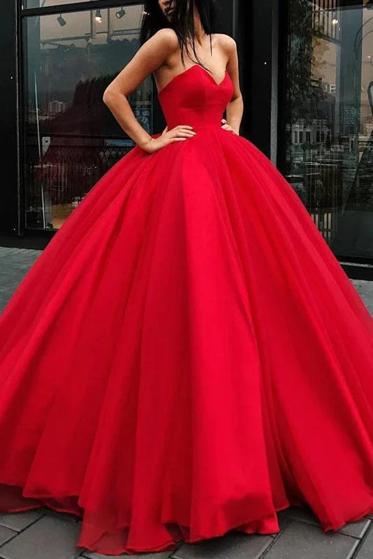 Women's Stylish Professional Apparel Unique Ball Gown Red Strapless Sweetheart Long Prom Dresses Quinceanera Dresses