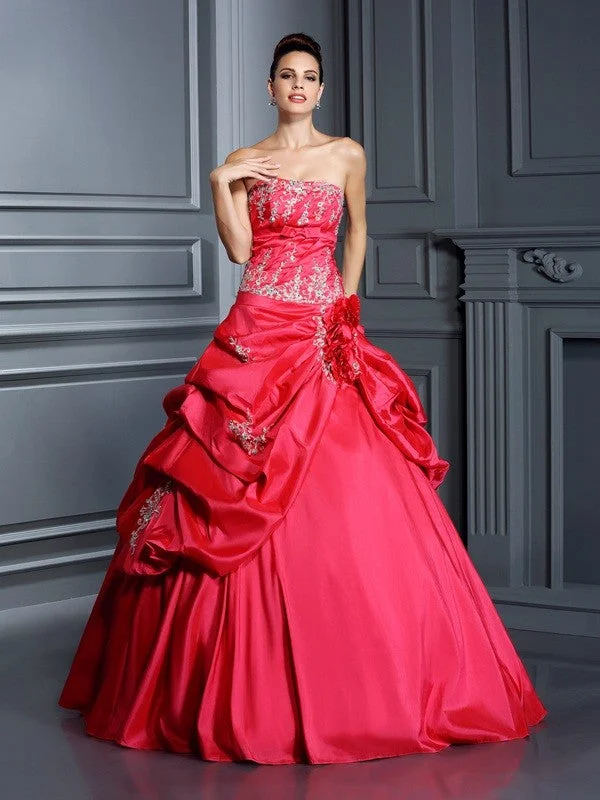 Women's Clothing With Trendy Designs Ball Gown Strapless Applique Sleeveless Long Taffeta Quinceanera Dresses