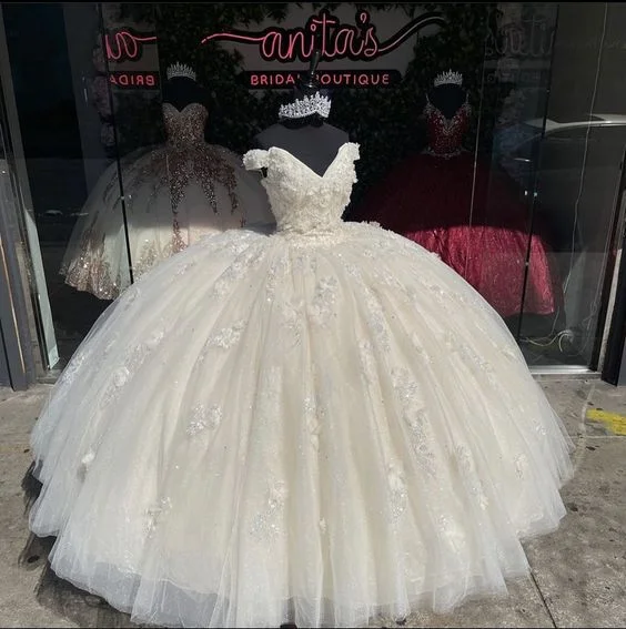 Chic Women's Clothing Princess Quinceanera Dress Off Shoulder Appliques Sequins Flowers Party Sweet 16 Dress Ball Gown      S5085