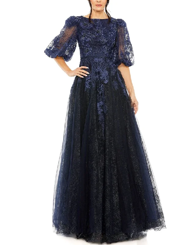 Women's Functional Apparel For Outdoor Activities Mac Duggal High-Neck Puff Sleeve A-Line Gown