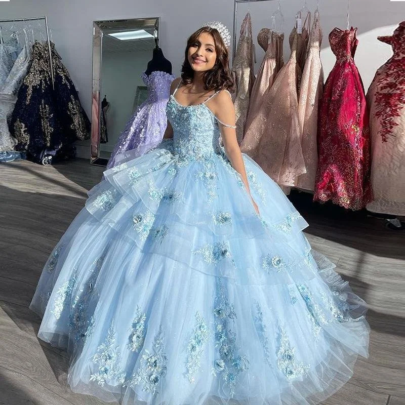 Women's Occasion Wear Apparel Ball Gown Light Blue Spaghetti Straps Tulle Quinceanera Dresses With Handmade Flower Appliques