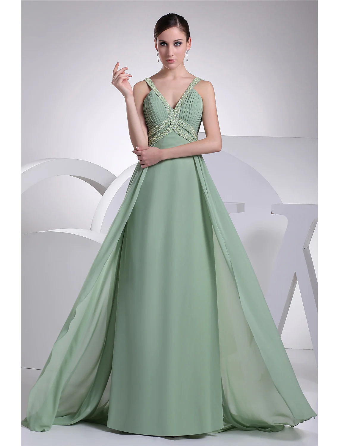 Modern Women's Apparel A-Line Evening Gown Sparkle Dress Formal Evening Floor Length Sleeveless Spaghetti Strap Chiffon with Beading