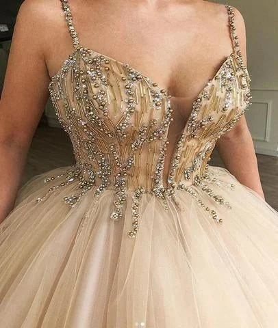 Comfortable Women's Clothes Unique Spaghetti Straps V Neck Beads Ball Gown Tulle Prom Dresses Quinceanera Dresses